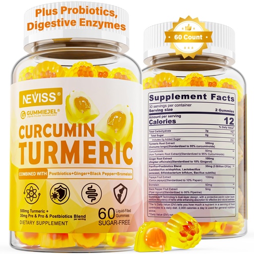 [BRSROZL6A4AWACL7] Sugar Free Turmeric Curcumin Filled Gummies 550mg for Adults, Ginger & Black Pepper | 95% Curcuminoids w/Prebiotic Probiotic & Postbiotic Blend, Support Immune & Digestive Health, Vegan, 60 Count