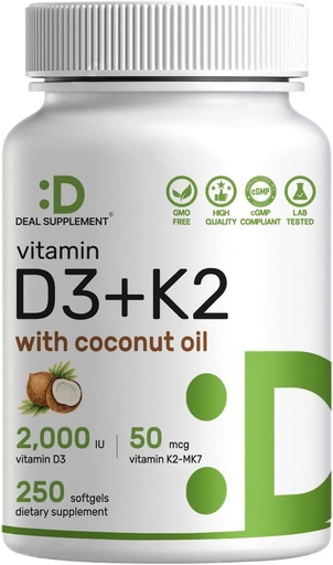 [BRSRAEIDOUCWO3T6] Витамин D3 2000 МЕ + K2 MK7 50mcg Softgels | 2-в-1 комплекс с кокосовым маслом Virgin | Поддерживает сердце, кости, зубы и иммунное здоровье | Легко проглотить