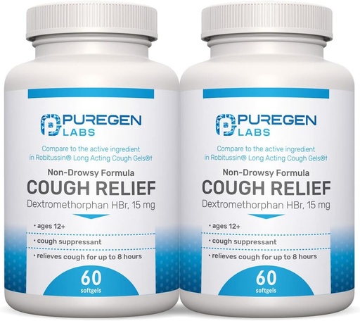 [BRSW2AAFA4BQYYI2] P Puregen Labs Cough Relief for Adults Dextromethorphan HBr 15mg (120 Softgels) 8-Hour, Non-Drowsy, Long-Lasting Bronchial Suppressant |Ages 12+ | Compare to Robafen and Robitussin 2Pack