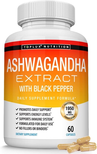 [BRSWGAI5CN7B4GY4] Organic Ashwagandha Root Powder Pills 1950 Mg with Black Pepper Extract - Pure Natural Ashwagandha Supplement, Support Energy, for Men Women, 60 Capsules