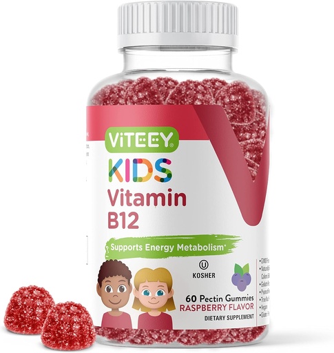 [BRSRMAADDJYA4HLL] Viteey Vitamin B12 for barn Gummies, 1000mcg - Metabolisme, Naturlig Energi Support - Vegan, Gelatinfri, Glutenfri, GMO Gratis - Tastig Chewable B12 bringebær Flavored Gummy