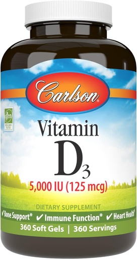 [BRSWKZIOCYHA2C3I] Carlson Vitamin D3 5,000 IU, Bone Health, 360 Soft Gels
