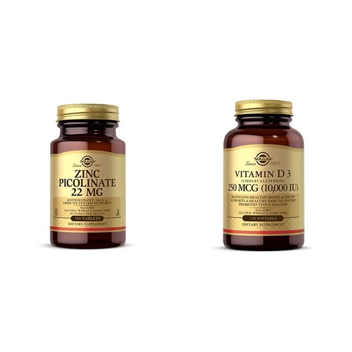 [BRSW2EI5BYBBO3DH] Solgar Zinc Picolinate 22 mg, 100 Tablets - Promotes Healthy Skin - Supports Immune System, Normal T with Vitamin D3 (Cholecalciferol) 250 MCG (10,000 IU), 120 Softgels - Helps Maintain Healthy Bones