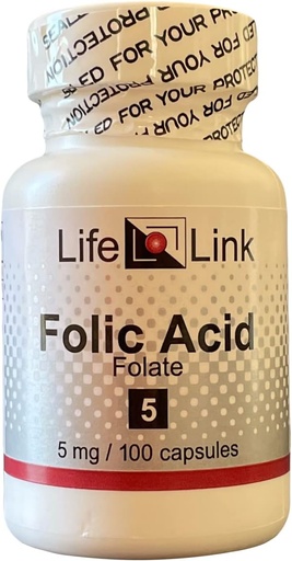 [BRSWYHY5BF6RG3T5] LifeLink Folic Acid | 5 mg x 100 kapslar | Prenatal Health, Essential B Vitamin | Gluten Free & Non-GMO | Tillverkad i USA