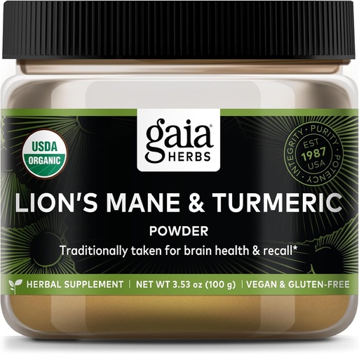 [BRSWGAADOIIWEYL7] Gaia Herbs Lion's Mane & Turmeric Powder - Herbal Mushroom Supplement Powder to Help Maintain Brain Health and Recall - USDA Certified Organic-3.53 Oz (Up to 45-Day Supply)