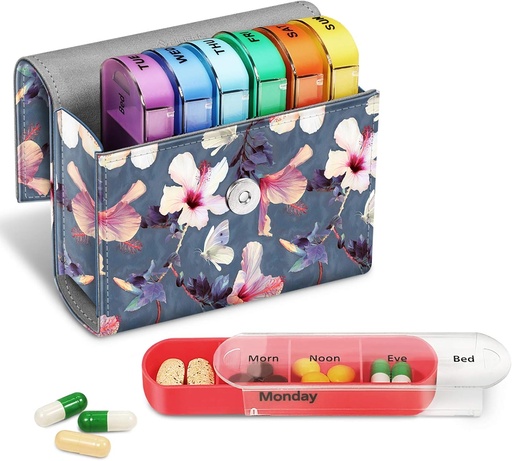 [BRSW2YYCBZYAECDB] FINPAC Weekly pil Organizers 4 keer per dag, Slide Open PU Leather Case Travel Pill Vitamine Medicine Herinnering en Planner met Naamkaart voor de ochtend.