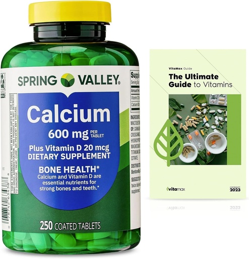 [BRSROADYC4CGOCD2] Spring Valley Calcium Plus Vitaminas D Tablets Dieta papildas, Kaulų sveikata, VIT D 20 µg, 600 mg, 250 Count + Išskirtinis VitaMax Vitamino vadovas (2 prekės)