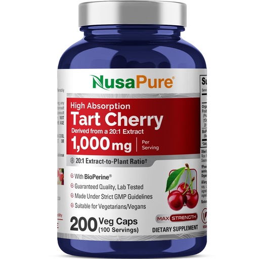 [BRSWGGQQPMIGYADD] NusaPure Tart Cherry Capsules, 1000 mg, 200 Veg Capsules (Non-GMO, Vegan)