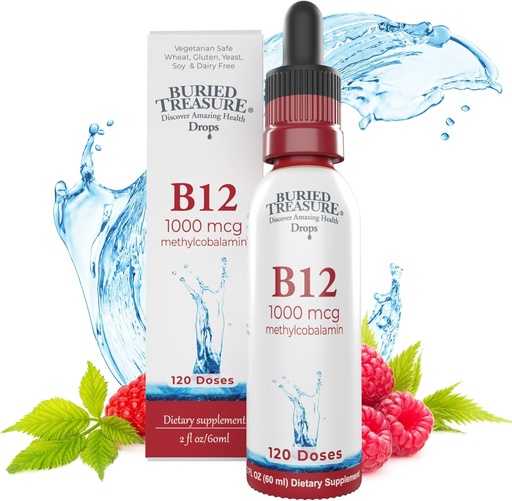 [BRSROBLROIFGAYLH] Tesoro enterrado B12 gotas - 1000mcg Vitamina B12 Metilcobalamina por Serving, 120 Servings - Sublingual B12, Sin alcohol, Vegan, Sabor de Fresa, 2 oz Botella, Dosis precisa de gotero graduado