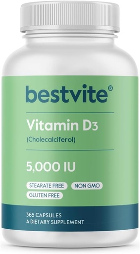 [BRSWGYY3CEGQGCL7] BESTVITE Vitamiin D3 5000 RÜ (365 kapslit) - Ei Stearaadid - Mitte GMO - Gluteenivaba - 1 aasta varu D-vitamiini