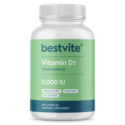 [BRSWGYY3CEGQGCL7] BESTVITE Vitamin D3 5000 IU (365 Capsules) - No Stearates - Non GMO - Gluten Free - 1 Year Supply of Vitamin D