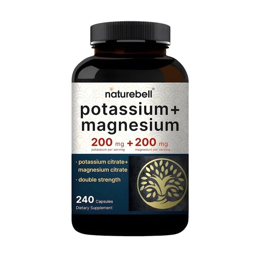 [BRSWGBALOJ4B6HT2] NatureBell Potassium Magnesium - 240 Capsules - 200mg Potassium Citrate & 200mg Magnesium Citrate - High Absorption Electrolyte & Circulation Support* - Muscle & Heart Support*