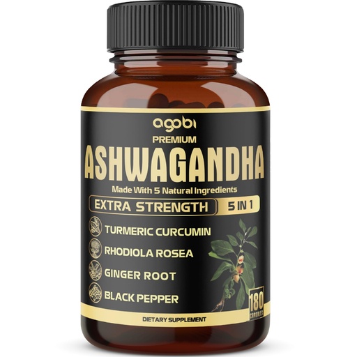 [BRSWYHQ2AABWK2DH] 5in1 Premium Ashwagandha Capsules - Added Turmeric, Rhodiola Rosea, Ginger, Black Pepper - 180 Caps for 6 Months