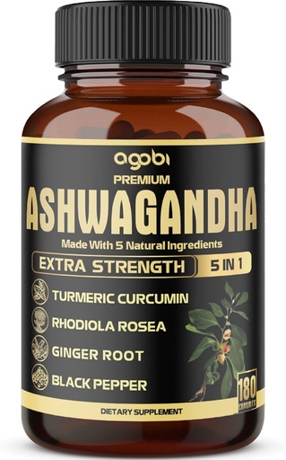 [BRSWYHQ2AABWK2DH] 5in1 cápsulas de Ashwagandha Premium - Añadido Turmeric, Rhodiola Rosea, Ginger, Black Pepper - 180 caps para 6 meses