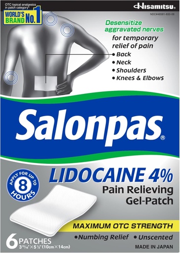 [BRSWKHYPOVYR2F3Z] Salonpas Λιδοκαΐνη 4% Πόνος ανακούφιση Gel-Patch, 6 κόμης, για πλάτη, λαιμός, ώμος, γόνατο και αγκώνα Πόνος
