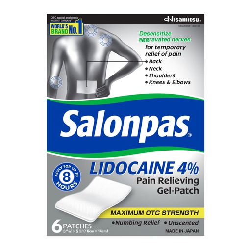 [BRSWKHYPOVYR2F3Z] Salonpas Lidocaine 4% Pain Relieving Gel-Patch, 6 Count, for Back, Neck, Shoulder, Knee & Elbow Pain