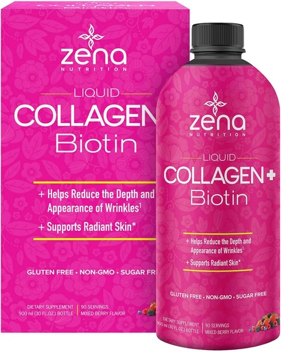 [BRSROAQ7OAOROFDD] Zena Liquid Collagen + Biotin: 2500mg Collagen, 5000mcg Biotin, Verisol Formula | Hair, Skin, Nail & Joint Support | Non-GMO, Mixed Berry Flavor | 90 Servings