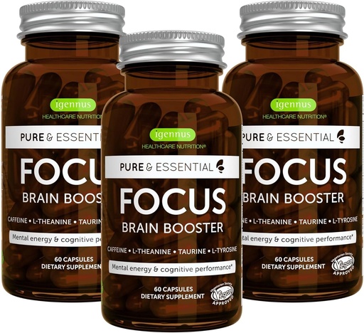 [BRSROGTYAUHWCEL3] Igennus Focus - Nootropic with 200mg Natural Caffeine, Methylated B Vitamins, L-Theanine, Taurine, L-Tyrosine, Clean Energy, Brain Booster & Cognitive Performance, Non Jittery, 180 Capsules