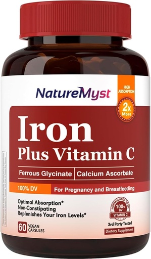 [BRSROHAOB56B6AD6] Gentle Iron Supplement for Women Men, 27mg Iron Bisglycinate Plus 120mg Vitamin C, Stomach Friendly, Optimal Absorption & Non-Constipating Iron Pills, Gluten Free, Non-GMO, 60 Vegan Caps