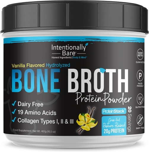 [BRSRO2T3OQCQMH3X] Beabsichtigt Bare Bone Broth Protein Pulver Vanille - Grass Fed Protein Pulver mit Multi Collagen Peptides Typ 1 2 und 3 - Dairy Free Bone Broth Pulver für Haut, Gut und Gelenk - 20 Portionen