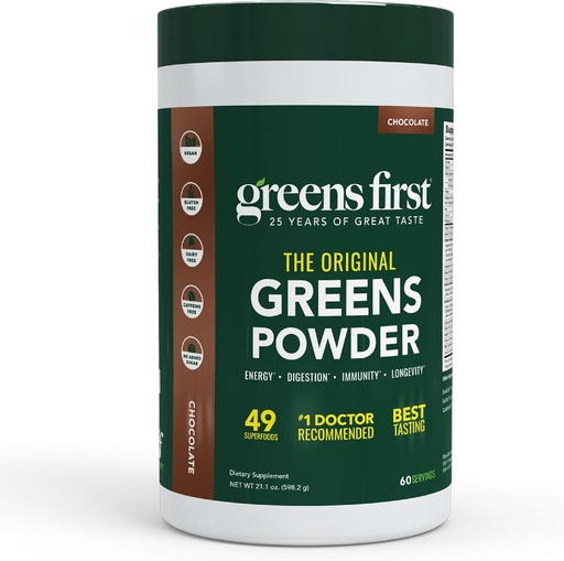 [BRSWYBLQCQFR4YLX] Greens First Original Greens Toz - 49 Superfoods - Organik Meyveler & Veggies - Prebiyotikler, Probiyotikler, Digestive Enzymes - Antioksidan - Süt Free, Vegan, Non-GMO (Chocolate, 60 Hizmet)