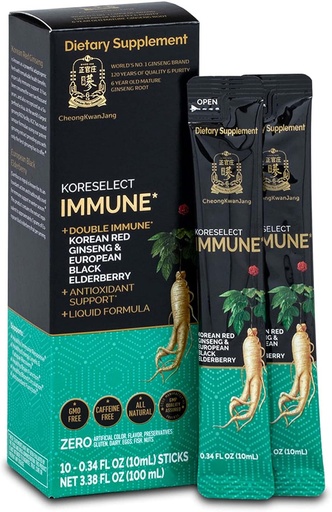 [BRSWYH37BEBBEDI3] Immune, Korean Red Ginseng Extract with Elderberry Liquid Sticks, Immunity Support, Blood Circulation Booster, Natural Energy Supplement, 6 Year Old Asian Panax Ginseng, 10 Count