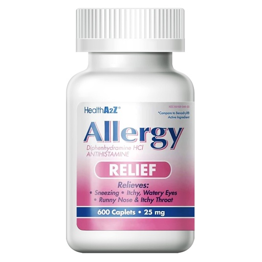 [BRSWYBQ5AABRQ2T2] HealthA2Z® Allergy Relief | Diphenhydramine HCL 25mg | Antihistamine | Relief from Itchy Throat, Sneezing, Runny Noses | Indoor & Outdoors Allergies (600 Caplets (Pack of 1))