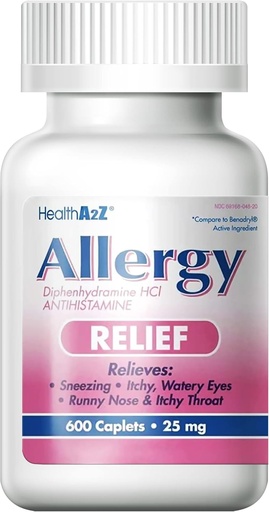 [BRSWYBQ5AABRQ2T2] HealthA2Z® Allergy Relief - Diphénhydramine HCL 25mg - Antihistaminique Relief from Itchy Throat, Sternezing, Runny Noses - Intérieur et Extérieur Allergies (600 Caplets (paquet de 1))