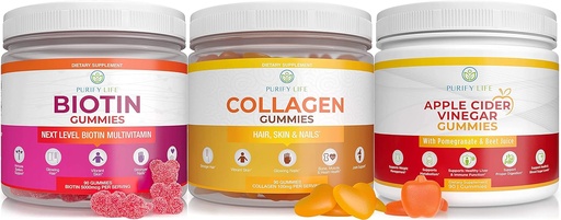 [BRSW2BAQOFYWMYLD] Purify Life Apple Cider Vinegar, Collagen & Biotin Bundle, Gut Health & Digestion, Gummies for Hair Growth, Healthier Skin & Nails, Vegan, Gluten Free, Non-GMO All Natural Supplements