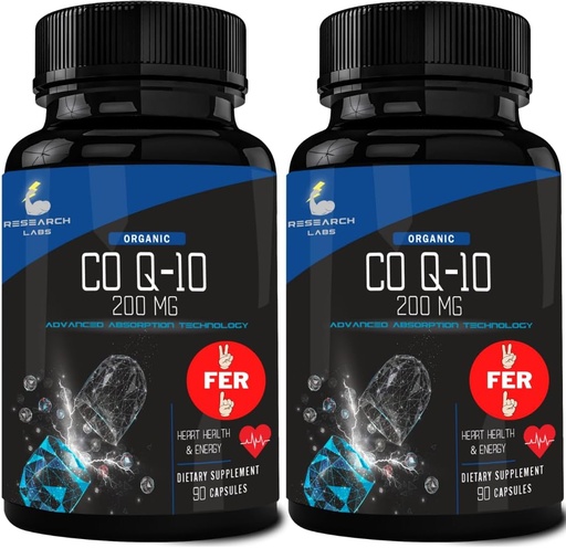 [BRSRMBTYBUJW2D3B] Research Labs 180 Softgels Advanced Absorption 200mg CoQ10 w/Black Pepper Extract. 2 for 1 Ad. Organic, Gluten Free, Heart Health Support, Energy Production, Antioxidant Supplement