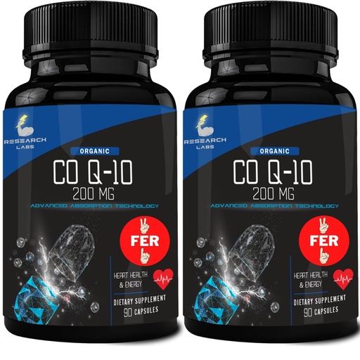 [BRSRMBTYBUJW2D3B] Research Labs 180 Softgels Advanced Absorption 200mg CoQ10 w/Black Pepper Extract. 2 for 1 Ad. Organic, Gluten Free, Heart Health Support, Energy Production, Antioxidant Supplement