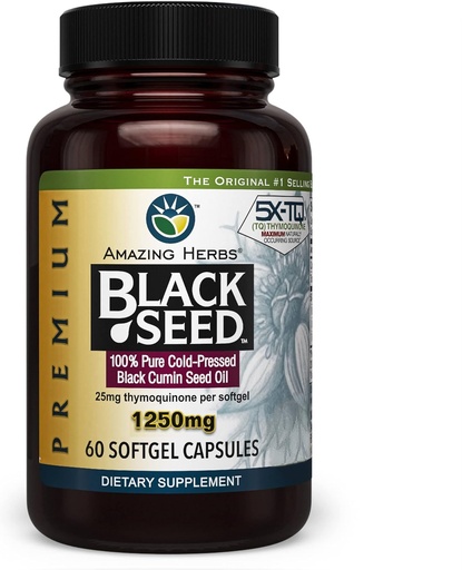 [BRSWKZICCIJRO33E] Amazing Herbs Premium Black Seed Oil Capsules - 높은 효능, Digestive Health, Immune Support & Brain Function - 60 개, 1250mg의 냉각 프레스 Nigella Sativa Aids