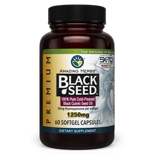 [BRSWKZICCIJRO33E] Amazing Herbs Premium Black Seed Oil Capsules - High Potency, Cold Pressed Nigella Sativa Aids in Digestive Health, Immune Support & Brain Function - 60 Count, 1250mg