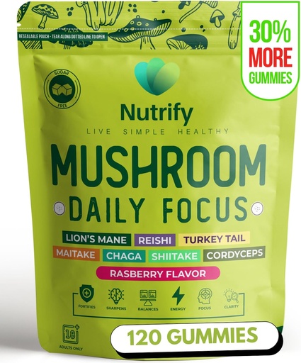[BRSRAGL5PIDRM33L] Nutrify 120 Mushroom Gummies Immune Support " Brain Performance Resilience " Memory Boost with Reishi, Cordyceps, Turkey Tail, Maitake, Shiitake " Chaga Delicious Raspberry Flavor Vegan " Sugar Free