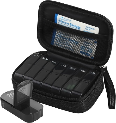 [BRSW2CA5C4JQEELZ] Еженедельный PU Leather Pill Bag Organizer Case 2 раза в день, AM PM Daily Pill Box для хранения витаминов, рыбьего жира, добавок и лекарств (черный)