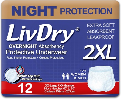 [BRSWGFAKCIDWKYA3] LivDry Adult XXL Incontinence Underwear, Overnight Comfort Absorbency, Leak Protection, XX-Large, 12-Pack