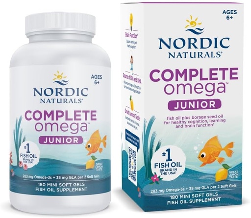 [BRSWIZ32OQGGA3D2] Nordic Naturals Complete Omega Jr., Lemon - 180 Mini Soft Gels - 283 mg Total Omega-3s & 35 mg GLA - Healthy Cognition, Nervisive System Function - Non-GMO - 90 Servings