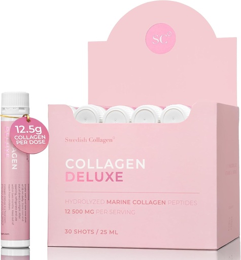 [BRSW2FIOO4CR6HLH] Swedish Collagen Deluxe | 12,500 mg Hydrolyzed Marine Collagen Liquid Supplement - 30 x 25 ml Daily Shots | Hyaluronic Acid, Biotin and Vitamin C to Support Healthy Hair, Skin, Nails | Sugar-Free