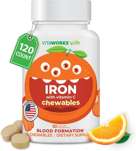[BRSRMBQPAUCRMCTA] Enfants Fer 10mg avec vitamine C 50mg Comprimés à croquer - Dégustation naturelle aromatisée - Vegan, végétarien, sans OGM, sans noix - Supplément de fer alimentaire - Formation de sang pour les enfants - 120 Chewables