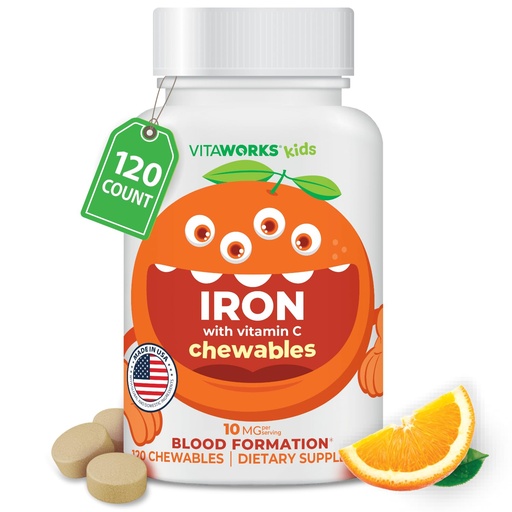 [BRSRMBQPAUCRMCTA] Kids Iron 10mg with Vitamin C 50mg Chewable Tablets - Tasty Natural Flavored - Vegan, Vegetarian, GMO-Free, Nut Free - Dietary Iron Supplement - Blood Formation for Children - 120 Chewables