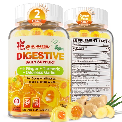 [BRSRA2YHOQMWC3YY] LILICARE Ginger Chews Gummies for Nausea & Digestive Support, Stomach Relief, Sugar Free with Turmeric,Odorless Garlic, Quercetin, Vitamin D3,Digestive Supplements for Occasional Bloating & Gas, 2Pack