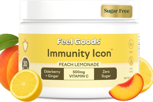 [BRSRAZADAEBQM3TD] Feel Goods Immunity Icon, Zero Sugar, Vitamin C, A, B, D, E & Zinc, Organic Elderberry, Ashwagandha, Drink Mix Powder, Vegan, Non GMO, Caffeine & Gluten Free | Peach Lemonade, 30 Servings