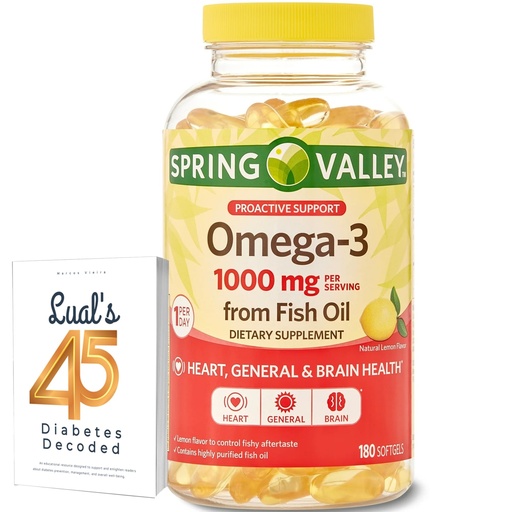 [BRSRMBDQBMMWY33J] Spring Valley Omega-3 Fish Oil Soft Gels, 1000 mg, 180 Count, Dietary Supplement, Omega-3 Fatty Acids Bundle with Lual's 45 Diabetes Decoded