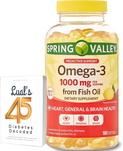 [BRSRMBDQBMMWY33J] Spring Valley Omega-3 Fish Oil Soft Gels, 1000 mg, 180 Count, Dietary Supplement, Omega-3 Fatty Acids Bundle with Lual's 45 Diabetes Decoded