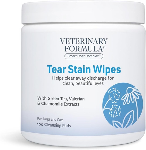 [BRSRAYA3CQFQIA3Z] Veterinary Formula Smart Coat Complex Eye + Face Wipes for Dogs & Cats, 100 ct – Gently Remove Tear Stains, Clean Facial Fur & Eye Discharge, Fragrance-Free, Pre-Moistened