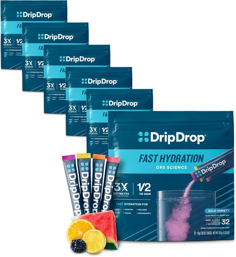 [BRSROEIOAQBWKH3J] DripDrop Hydration Packets - Bold Variety Pack - Single Serve Electrolytes Powder Drink Mix - Watermelon, Berry, Lemon, Orange - Non-GMO, Gluten Free, Vegan - 192 Sticks