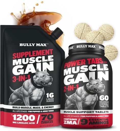 [BRSRAADROQBBMH3U] Bully Max 3-in-1 Liquid Dog Muscle Builder and Power Tabs (60 tabs) Bundle – High Protein Supplement & Chewable Multivitamins for Muscle Growth, Energy & Recovery in All Breeds, Puppies & Adult Dogs