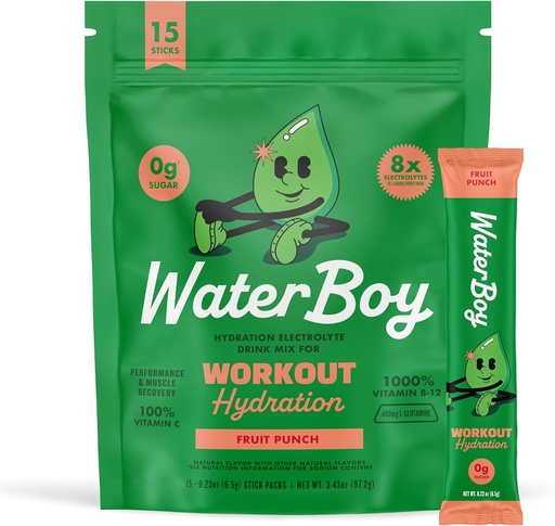 [BRSROAIZCABA23I7] Waterboy Workout Hydration | 2,960mg Sugar Free Electrolyte Powder Packets | L-Glutamine + Vitamins | No Sugar, All Natural, Gluten Free | 15 Drink Stick Mixes (Fruit Punch)