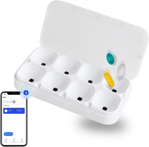 [BRSRA234CRYQ2CQ2] DEFI Smart Pillbox, Large, 8 Slot, Pill Organizer, Portable, Bluetooth, Facile da usare, selfcare, con allarme, Sound & Light, Daily, Compact Medicine Holder per Vitamine, Supplementi, App Free Reminder.