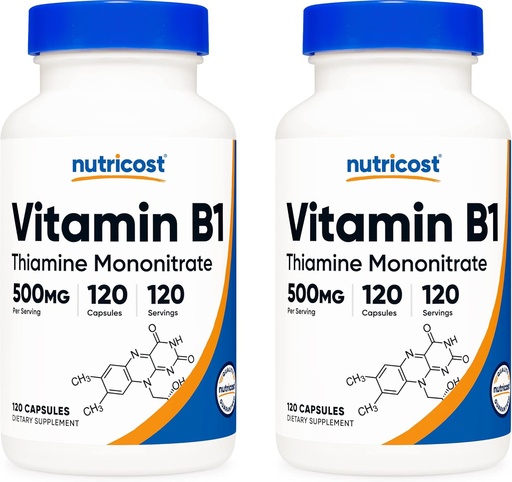 [BRSWKGD5BQOA4HAV] Nutricost Vitaminas B1 (tiaminas) 500 mg, 120 kapsulių (2 buteliai)